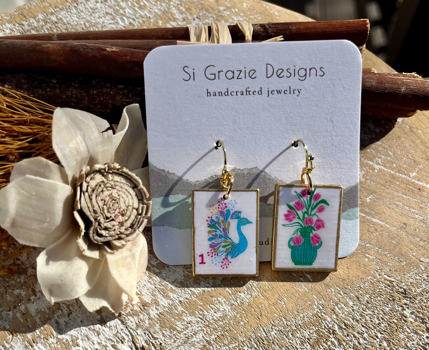 Reversible Peacock Drop Earrings – Light blue/pink peacock- flower vase