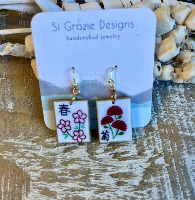 Reversible Mahjong-Inspired Season Earrings – Spring/Chrysanthemum