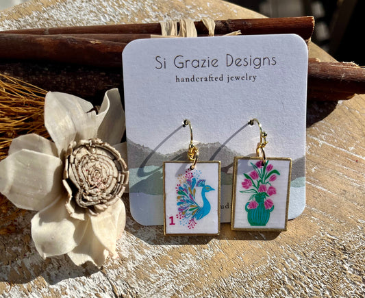 Reversible Peacock Drop Earrings – Light blue/pink peacock- flower vase