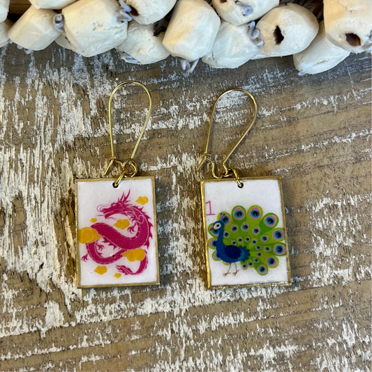 Reversible Peacock Drop Earrings – Blue/Green peacock- Pink dragon