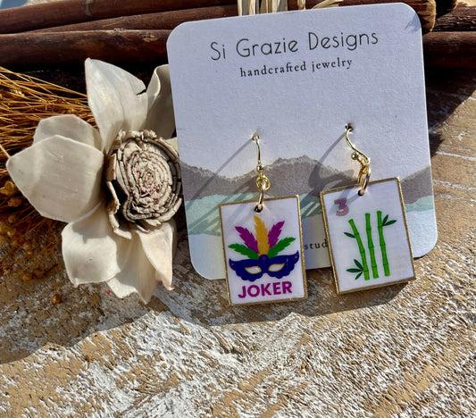 Reversible Mahjong Inspired Joker Earrings – Mardi Gras Mask/Bamboo