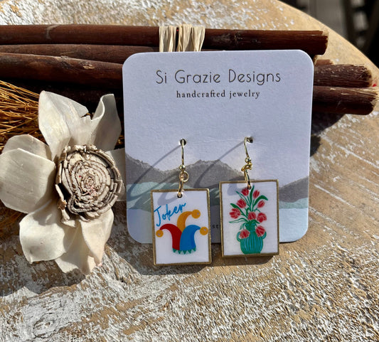 Reversible Mahjong Inspired Joker Earrings – Jester Hat/Floral vase