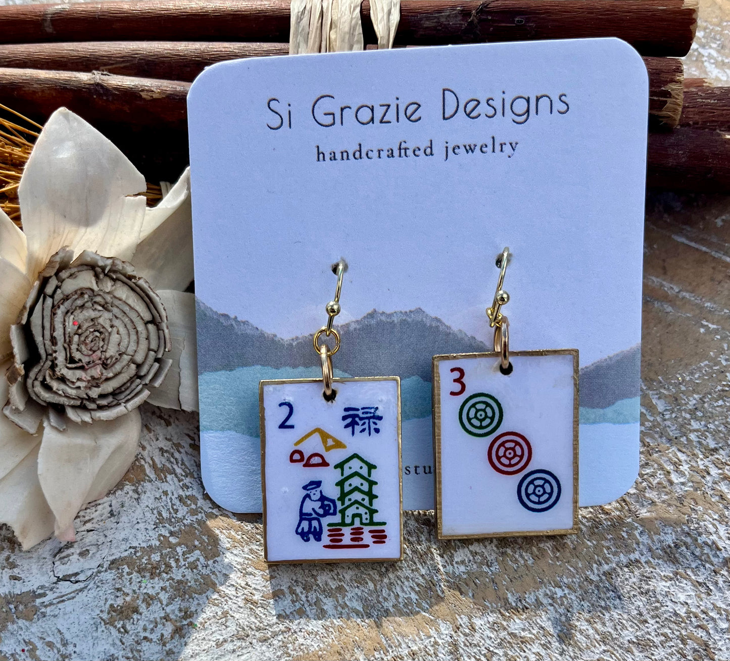 Traditional Flower/Three Dot Reversible Drop Earrings