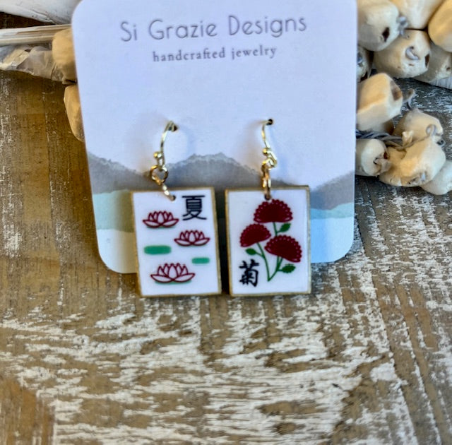 Reversible Mahjong-Inspired Season Earrings – Summer/Chrysanthemum