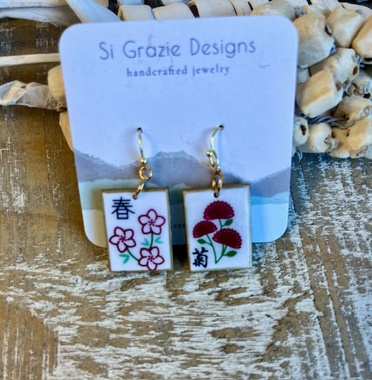 Reversible Mahjong-Inspired Season Earrings – Spring/Chrysanthemum
