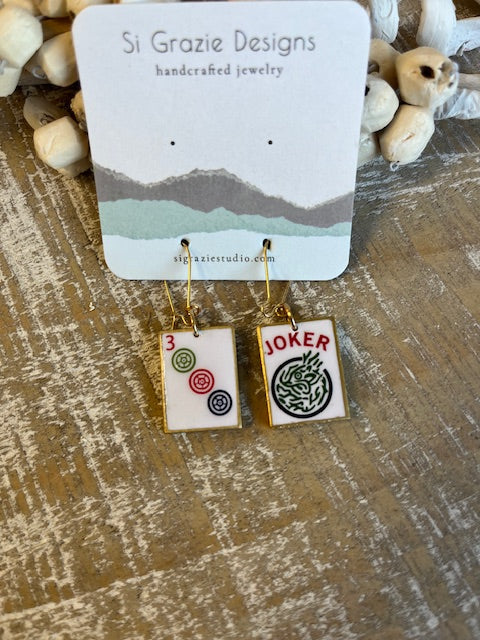 Reversible Mahjong Inspired Joker Earrings – Joker Dragon/Three dots
